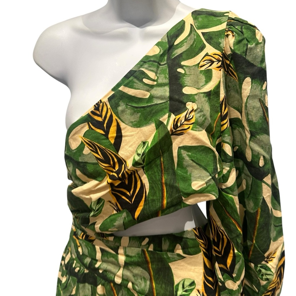 Farm Rio Tropical Leaves One Shoulder Mini Dress Green Large New with Tags - Picture 7 of 16